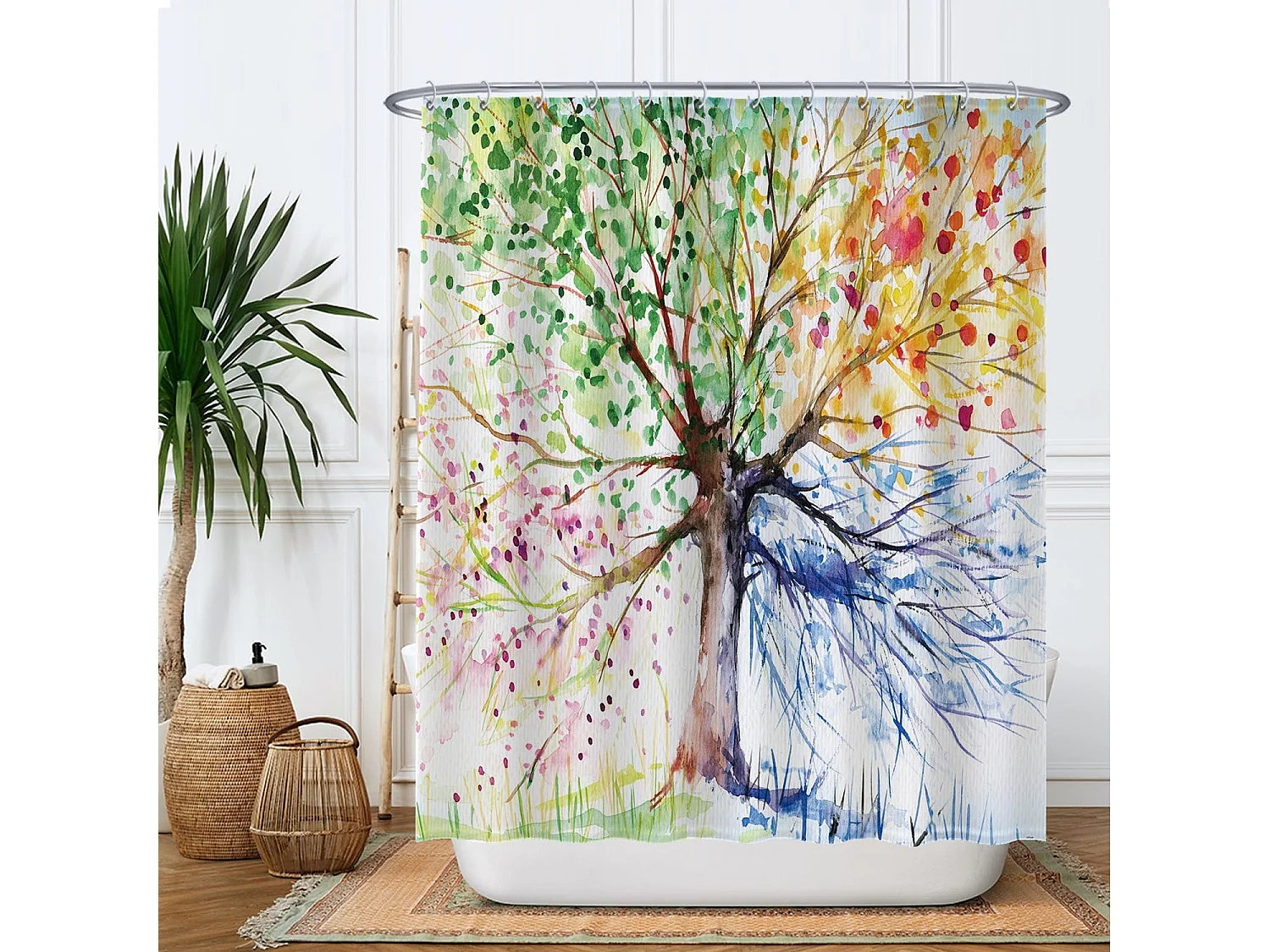 Rideau de douche - Arbre de Vie 4 saisons aquarelle - boucle métal 180*180cm crochet gratuit