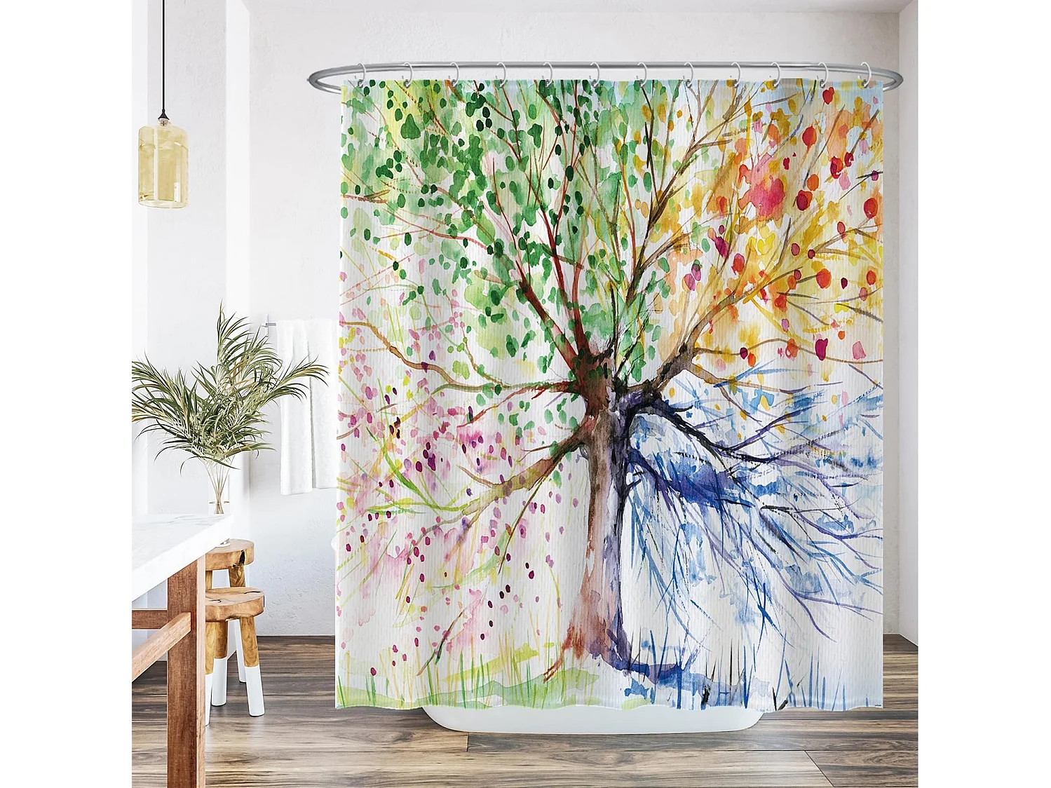 Rideau de douche - Arbre de Vie 4 saisons aquarelle - boucle métal 180*180cm crochet gratuit