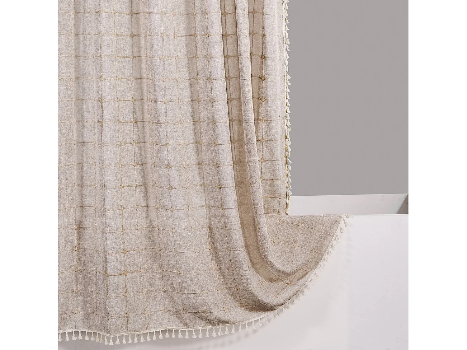 Rideau de douche de salle de bain domestique, rideau de douche à pompon à carreaux, gris (150*180 cm)