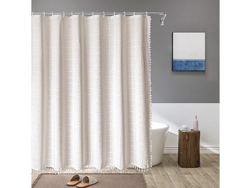 Rideau de douche de salle de bain domestique, rideau de douche à pompon à carreaux, gris (150*180 cm)
