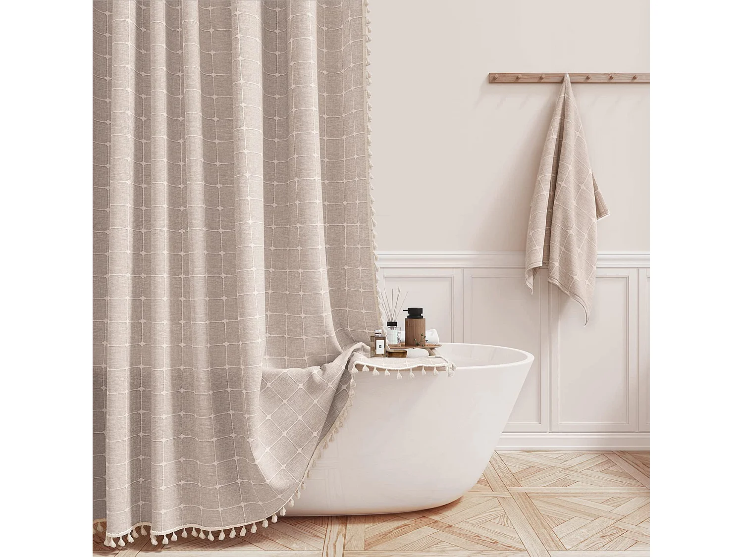 Rideau de douche de salle de bain domestique, rideau de douche à pompon à carreaux, gris (150*180 cm)