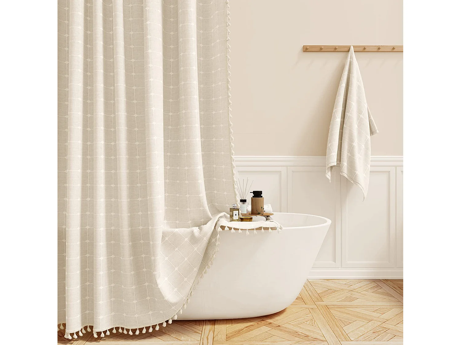 Rideau de douche de salle de bain domestique, rideau de douche à pompon à carreaux, gris (150*180 cm)