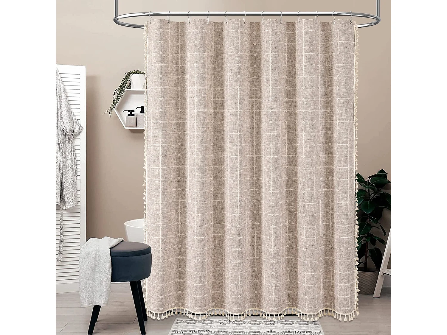 Rideau de douche de salle de bain domestique, rideau de douche à pompon à carreaux, gris (150*180 cm)
