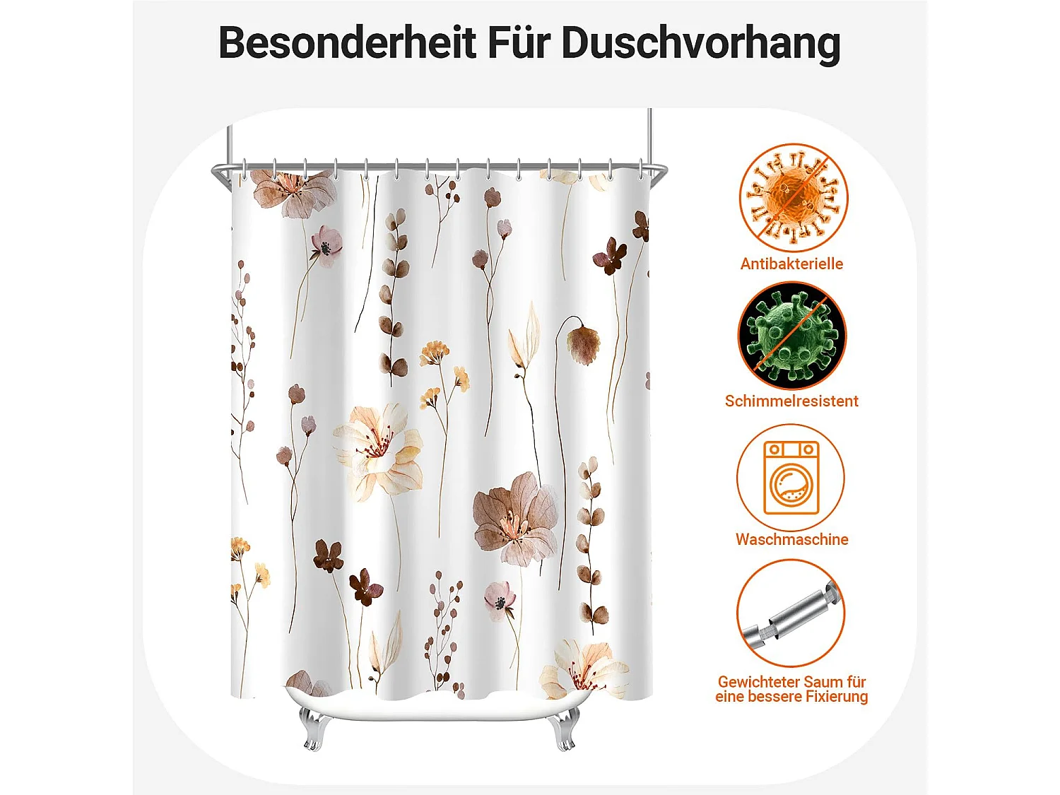 Rideau de douche, 180 x 200 cm, motif floral marron, ourlet lesté, résistant à la moisissure, résistant à l'eau, polyester lavable