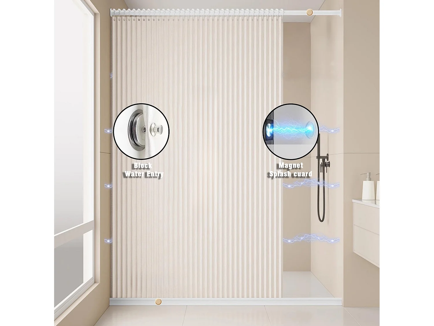 Rideau de douche magnétique en lin, pliable, imperméable, résistant à la moisissure, lavable, avec crochets métalliques, beige, 100 x 200 cm