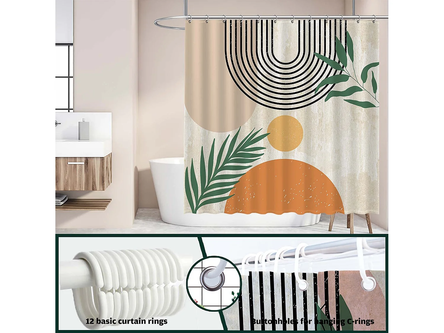 Rideau Douche Abstrait, Rideau de Douche  Géométrique Noir Lignes Moderne Minimaliste  Imperméable Tissu Polyester Lavable  180x180cm