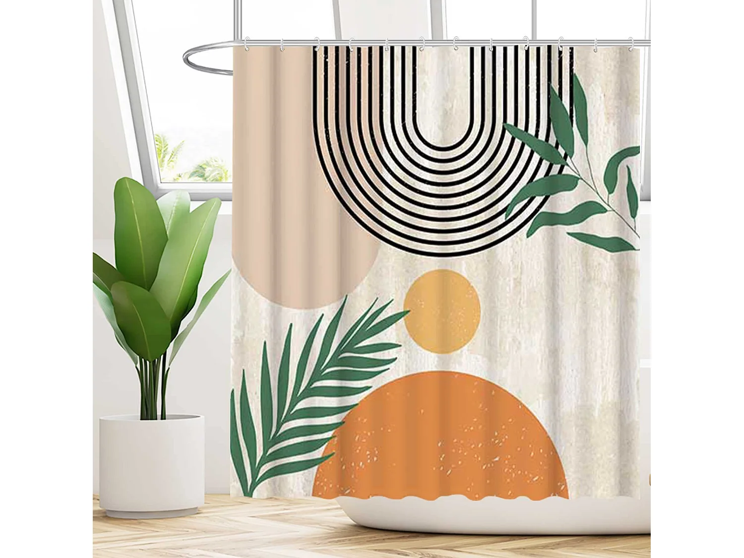 Rideau Douche Abstrait, Rideau de Douche  Géométrique Noir Lignes Moderne Minimaliste  Imperméable Tissu Polyester Lavable  180x180cm