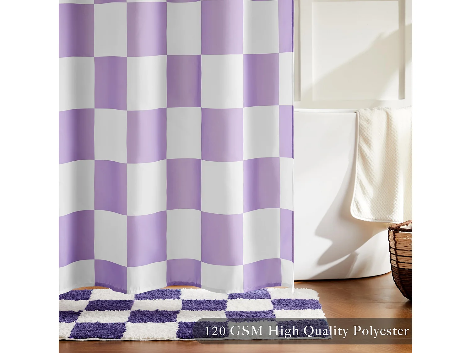 Rideau de douche rétro esthétique, rideau de douche de salle de bain à carreaux, rideau de douche de salle de bain, 180*180cm, violet