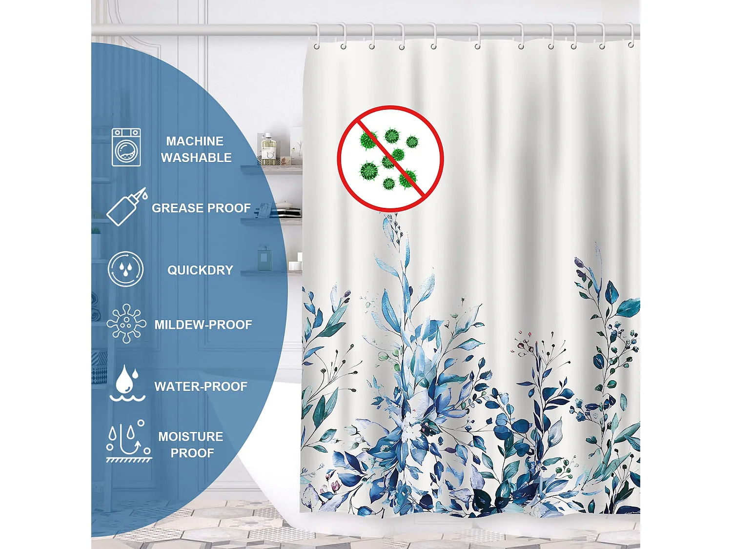 Rideau de Douche 100%  Polyester pour Baignoire et Salle de Bains, Lavables, Anti-moisissure et Antibactérien 180 x 180 cm