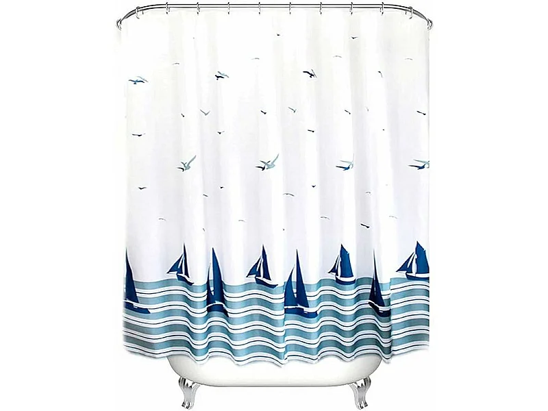 Rideau de douche ourlet lesté et anti-moisissure et résistant lavable, rideaux de salle de bain nautique bleu voilier 180x180(H)cm