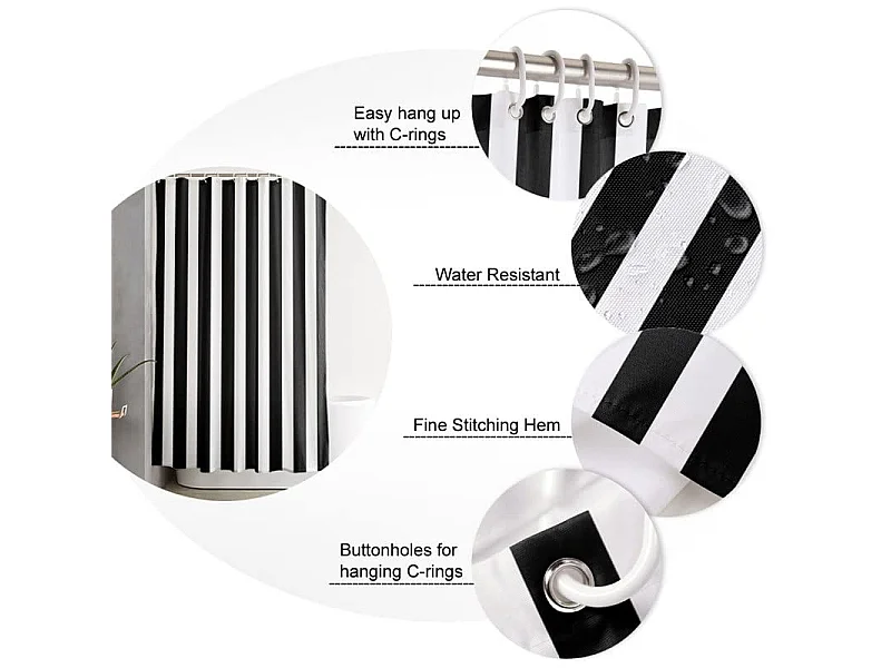 Rideau de douche à rayures noires et blanches, imperméable, anti-perforation, rideau de porte de cuisine, adapté à la salle de bain, 180*180cm