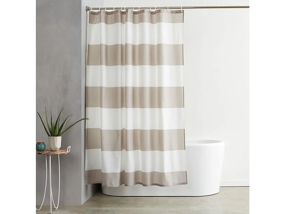 Rideau de douche en tissu imprimé déperlant avec œillets métalliques et crochets en plastique blanc, 180 x 180 cm, rayures grises