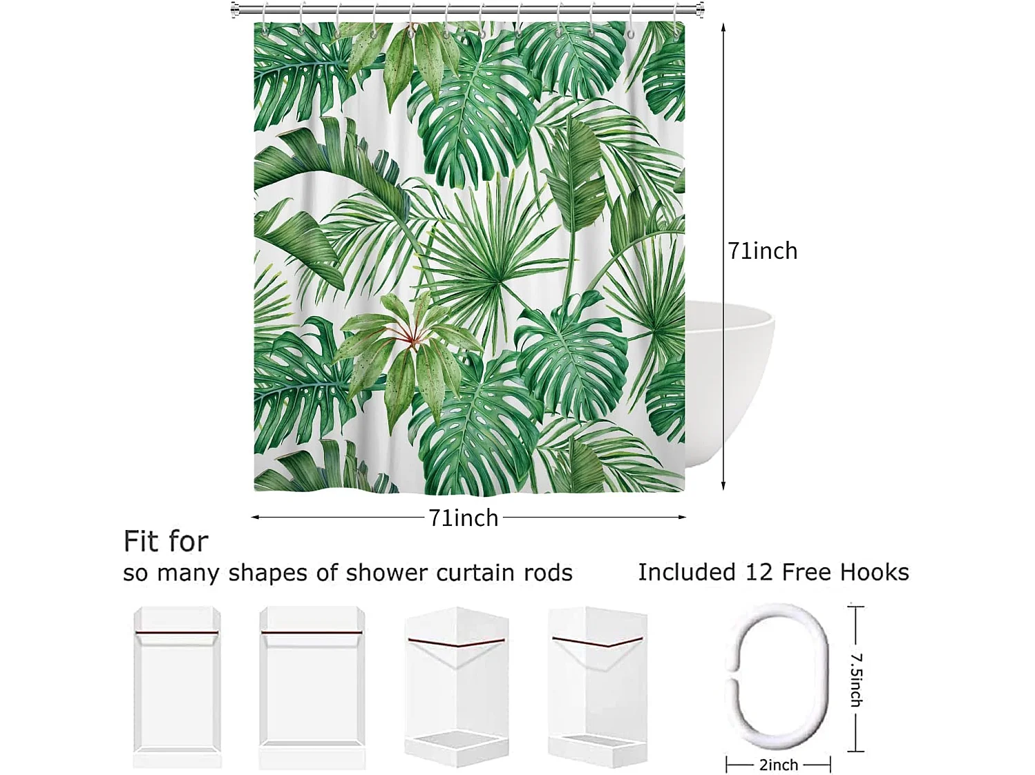 Rideau de Douche Feuilles Tropicales 180x180, Feuilles de Palmiers Verts Rideau de Douche Jungle Plante botanique Rideau de Baignoire Imperméable