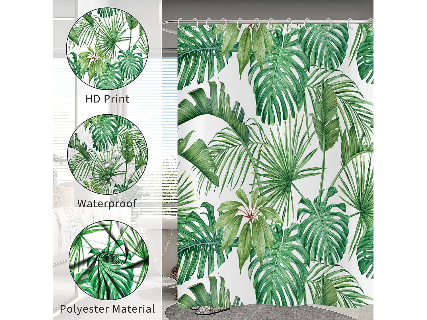 Rideau de Douche Feuilles Tropicales 180x180, Feuilles de Palmiers Verts Rideau de Douche Jungle Plante botanique Rideau de Baignoire Imperméable