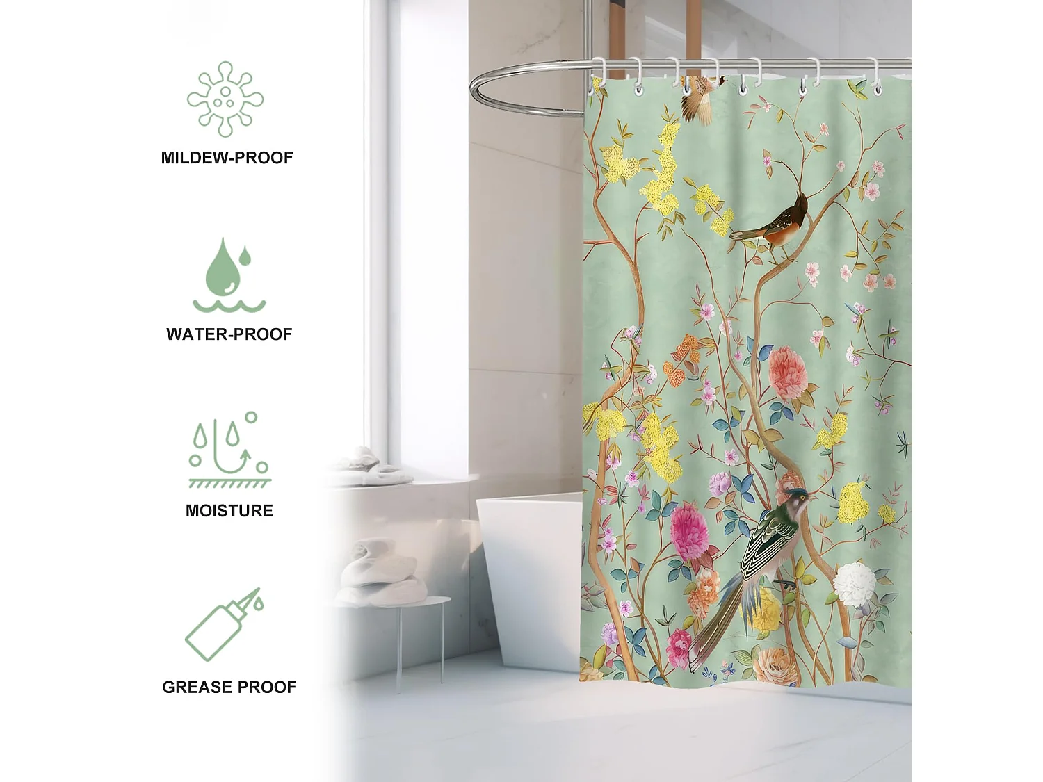 Rideau de douche une pièce en polyester imperméable à motif floral avec 12 crochets, 180 x 180 cm (papillon, oiseau, fleur)