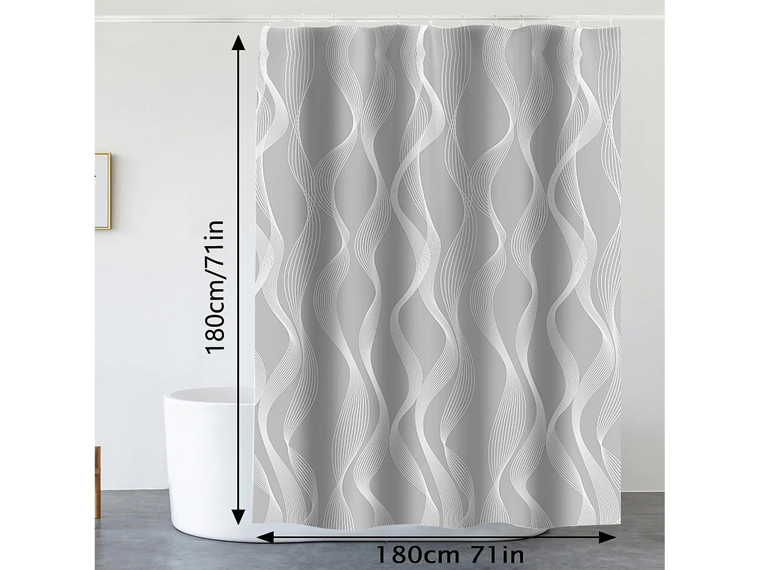 Rideau de douche gris 180x180 cm, rideau de bain en tissu polyester lavable et imperméable avec 12 anneaux