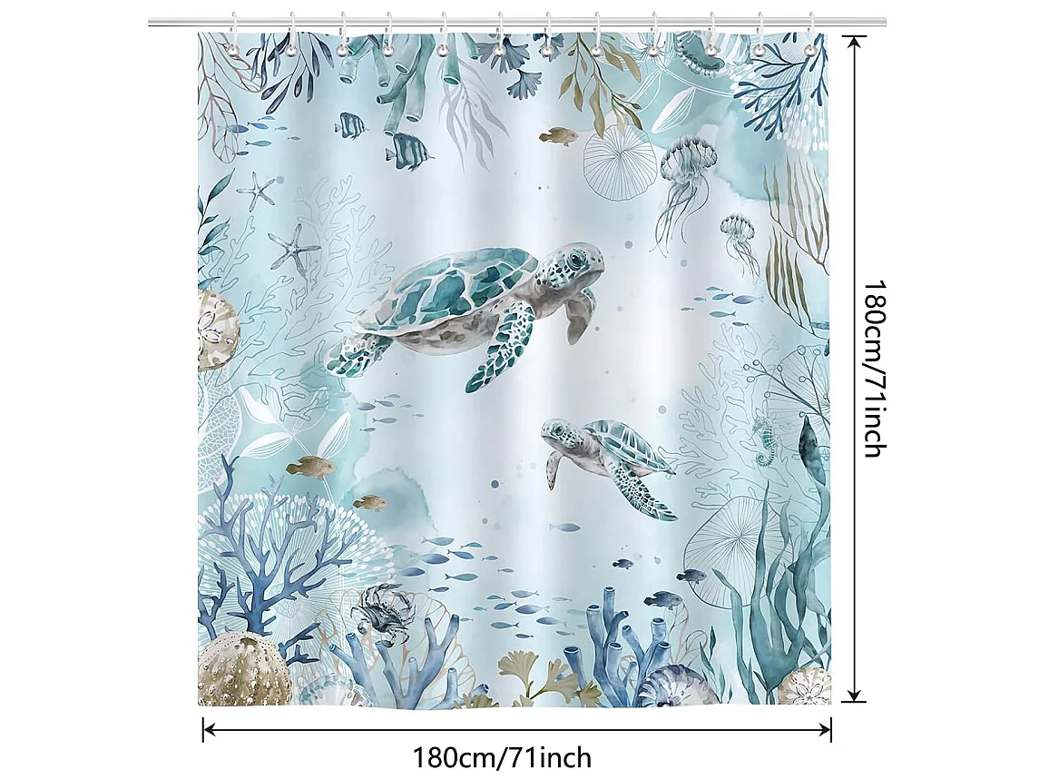 Rideau de Douche Tortue de mer Bleu océan Plage côte, 180*180 cm, Rideau de Salle de Bain Lavable en Tissu Polyester Anti-moisissure avec 12 Crochets