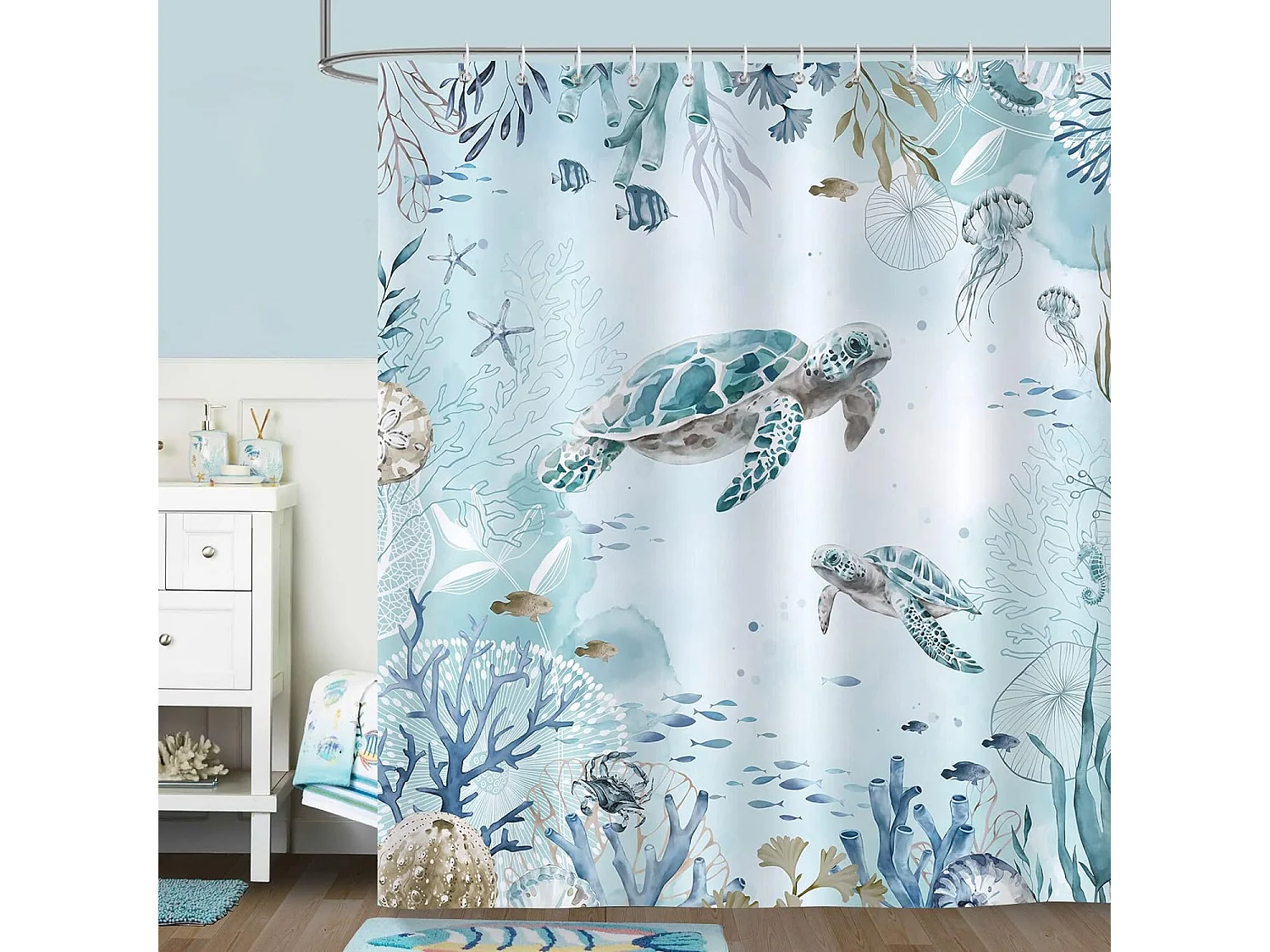 Rideau de Douche Tortue de mer Bleu océan Plage côte, 180*180 cm, Rideau de Salle de Bain Lavable en Tissu Polyester Anti-moisissure avec 12 Crochets