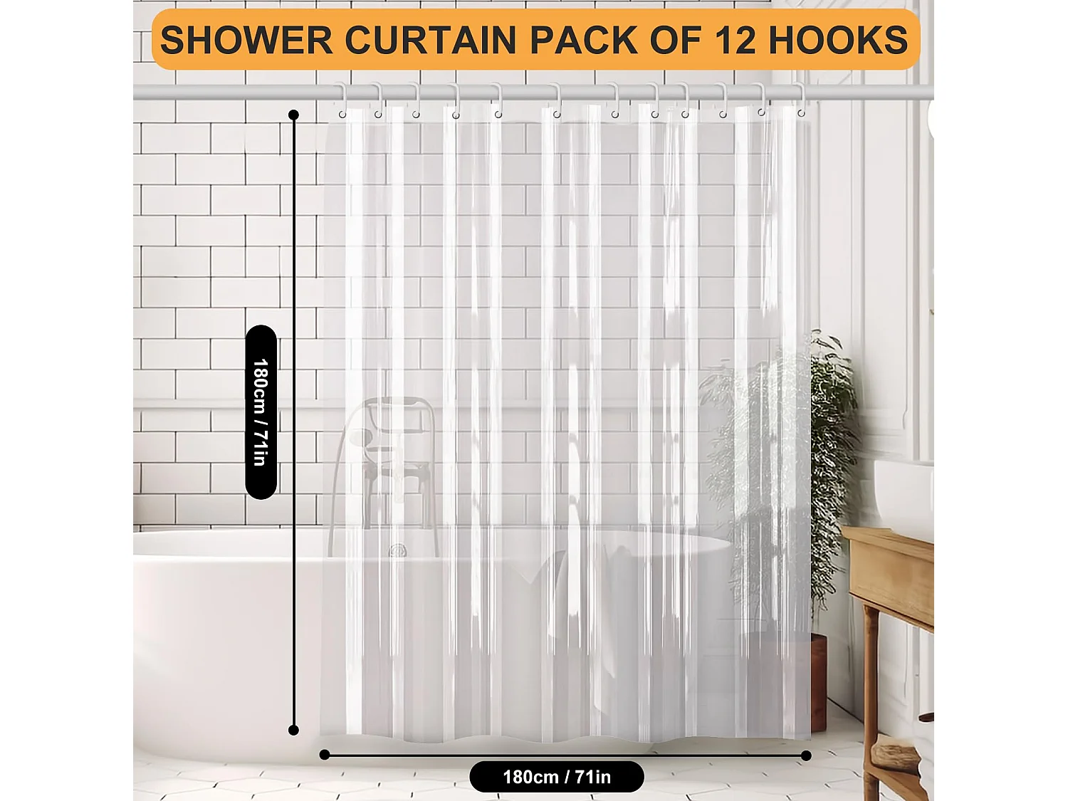 Rideau de douche transparent pour salle de bain, rideau de douche imperméable en EVA anti-moisissure avec 12 crochets, 180 x 180 cm (transparent)