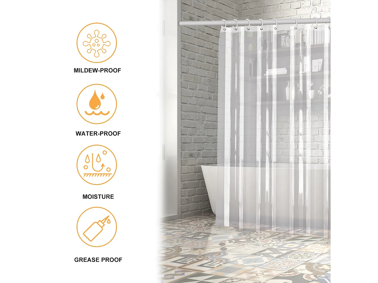 Rideau de douche transparent pour salle de bain, rideau de douche imperméable en EVA anti-moisissure avec 12 crochets, 180 x 180 cm (transparent)