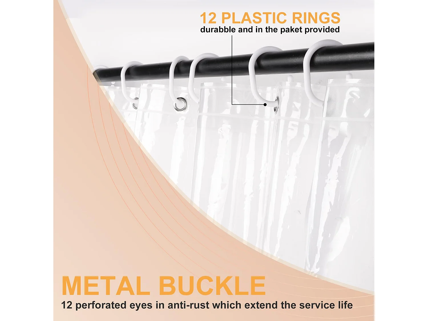Rideau de douche transparent pour salle de bain, rideau de douche imperméable en EVA anti-moisissure avec 12 crochets, 180 x 180 cm (transparent)