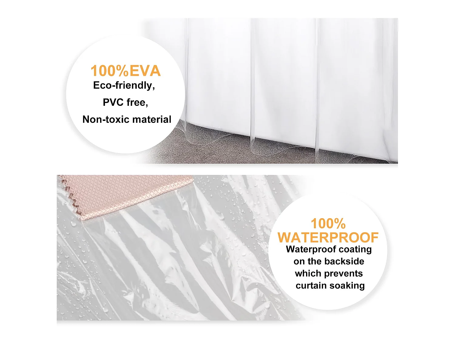Rideau de douche transparent pour salle de bain, rideau de douche imperméable en EVA anti-moisissure avec 12 crochets, 180 x 180 cm (transparent)