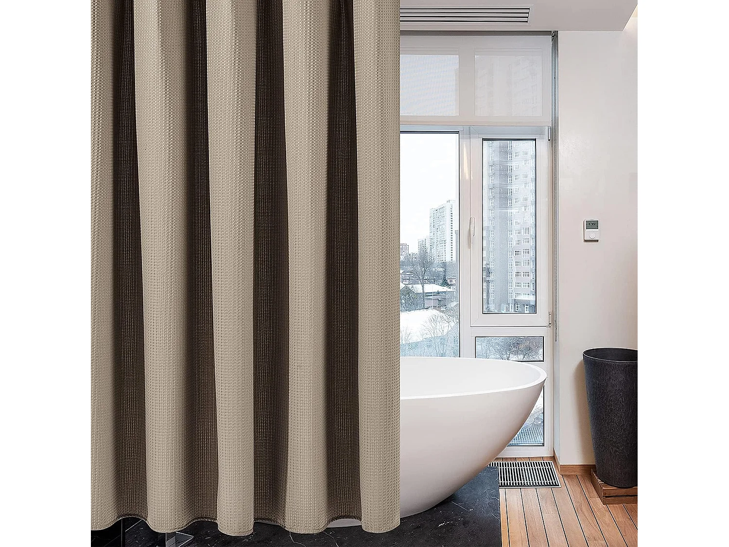 Rideau de douche en tissu gaufré avec anneaux métalliques, résistant à la moisissure et à l'eau, 180 x 200 cm - Kaki
