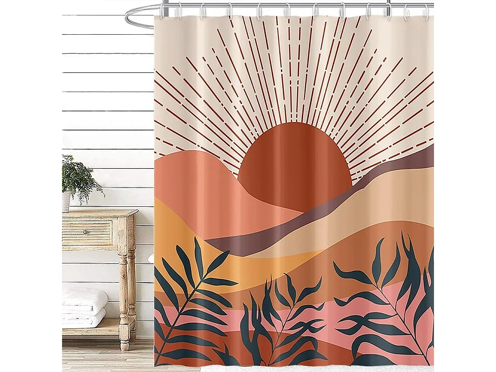 Rideau Douche Anti Moisissure, Rideau Douche 180x180cm Terracotta Feuilles Bleu Abstrait Paysage Orange Rideaux de Baignoire Tissu Lavable Imperméable