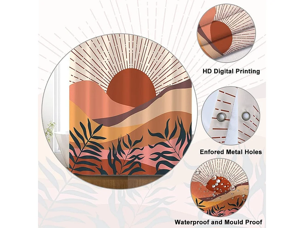 Rideau Douche Anti Moisissure, Rideau Douche 180x180cm Terracotta Feuilles Bleu Abstrait Paysage Orange Rideaux de Baignoire Tissu Lavable Imperméable