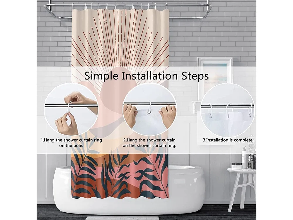 Rideau Douche Anti Moisissure, Rideau Douche 180x180cm Terracotta Feuilles Bleu Abstrait Paysage Orange Rideaux de Baignoire Tissu Lavable Imperméable