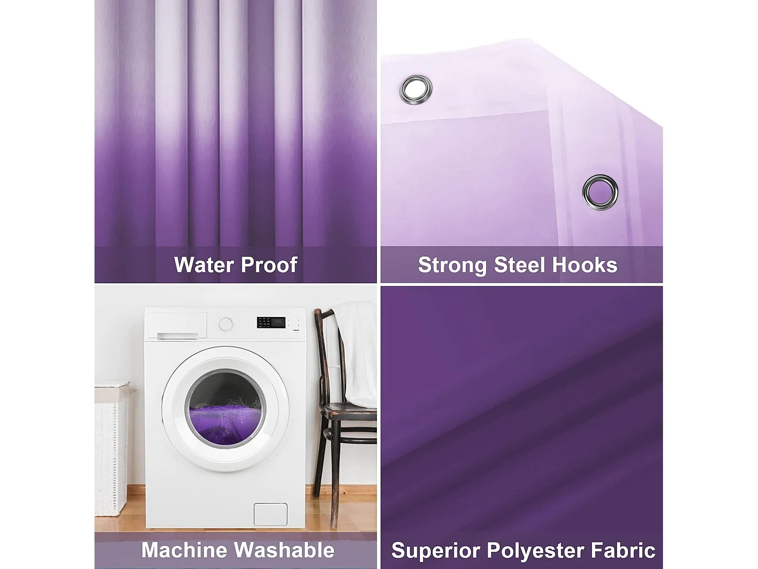 Rideau de douche dégradé violet avec crochets solides, rideaux de bain épais, accessoires de salle de bain, 180 x 180 cm (violet)