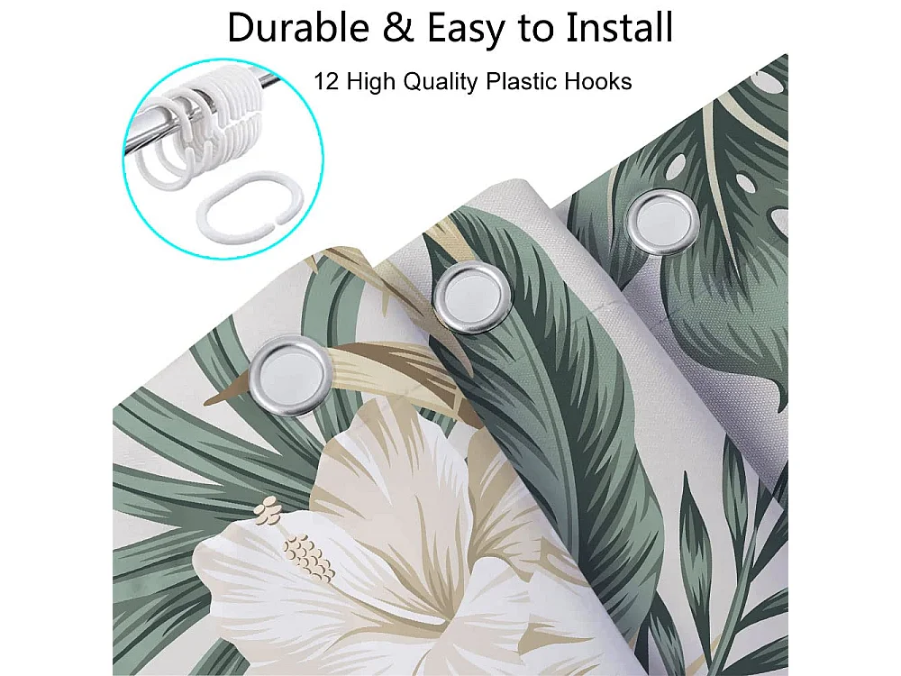 Rideau de douche à motif floral, ensemble de rideaux de douche en tissu beige vert sauge, accessoires de salle de bain avec crochets (180 x 180 cm)