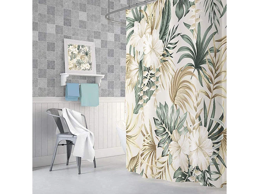 Rideau de douche à motif floral, ensemble de rideaux de douche en tissu beige vert sauge, accessoires de salle de bain avec crochets (180 x 180 cm)