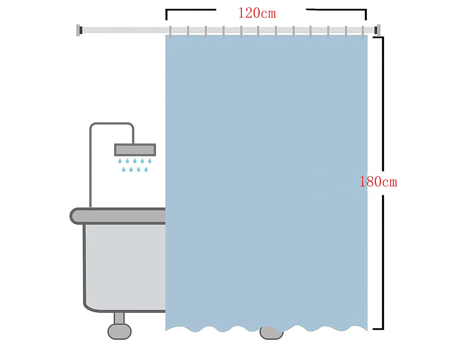 Rideau de douche à rayures ondulées pour enfants 120 x 180 cm, motif géométrique dégradé gris et blanc, matériau PEVA, imperméable, 12 crochets