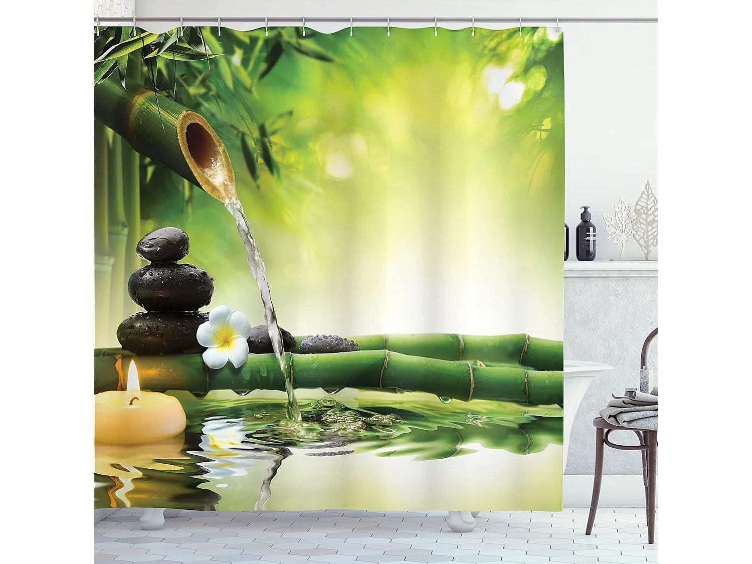 Rideau De Douche Imperméable Anti Moisissure en Tissu Polyester  avec 12 Crochets pour Salle de Bains 180x180cm (Bambou Vert)
