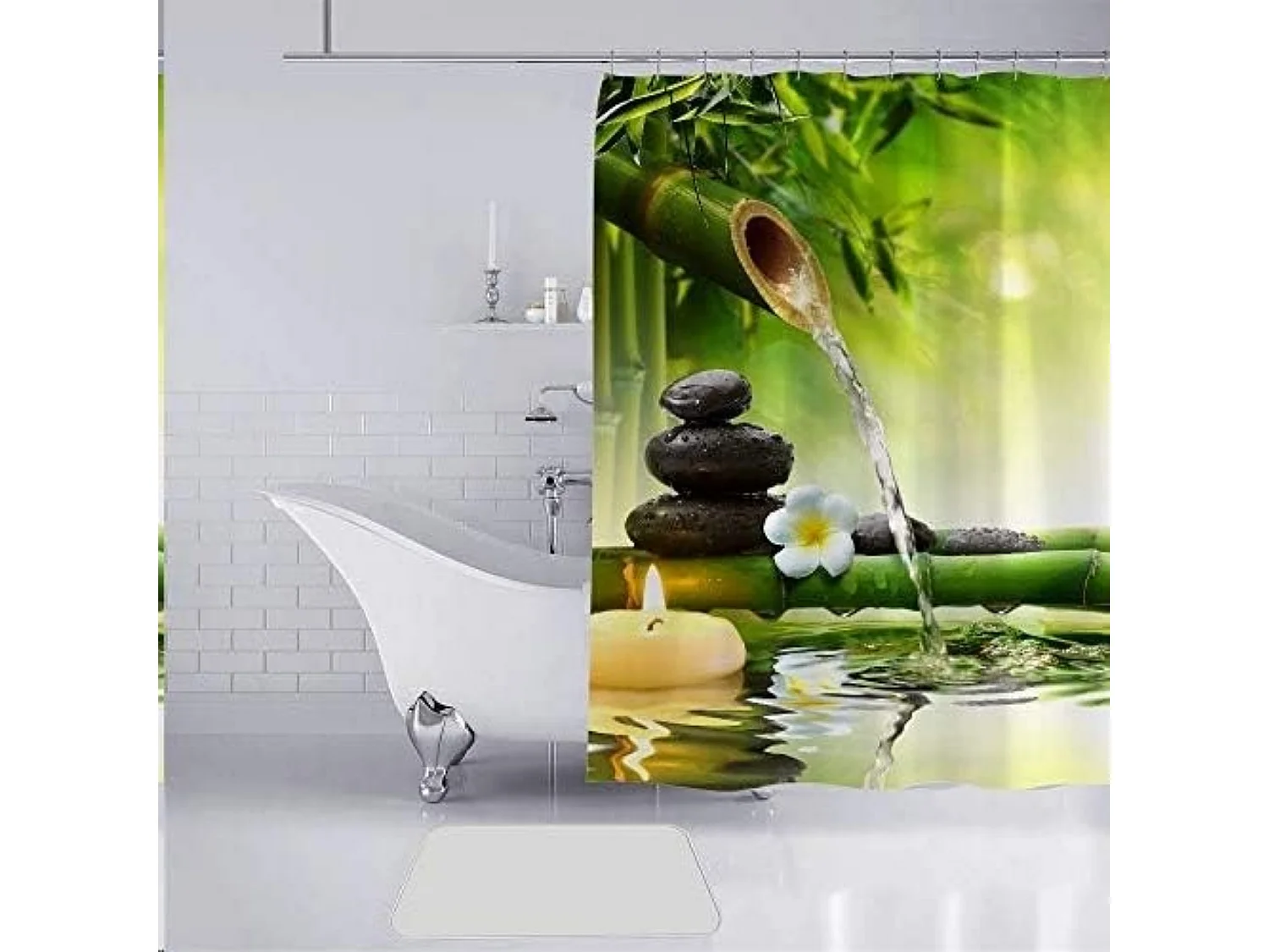 Rideau De Douche Imperméable Anti Moisissure en Tissu Polyester  avec 12 Crochets pour Salle de Bains 180x180cm (Bambou Vert)