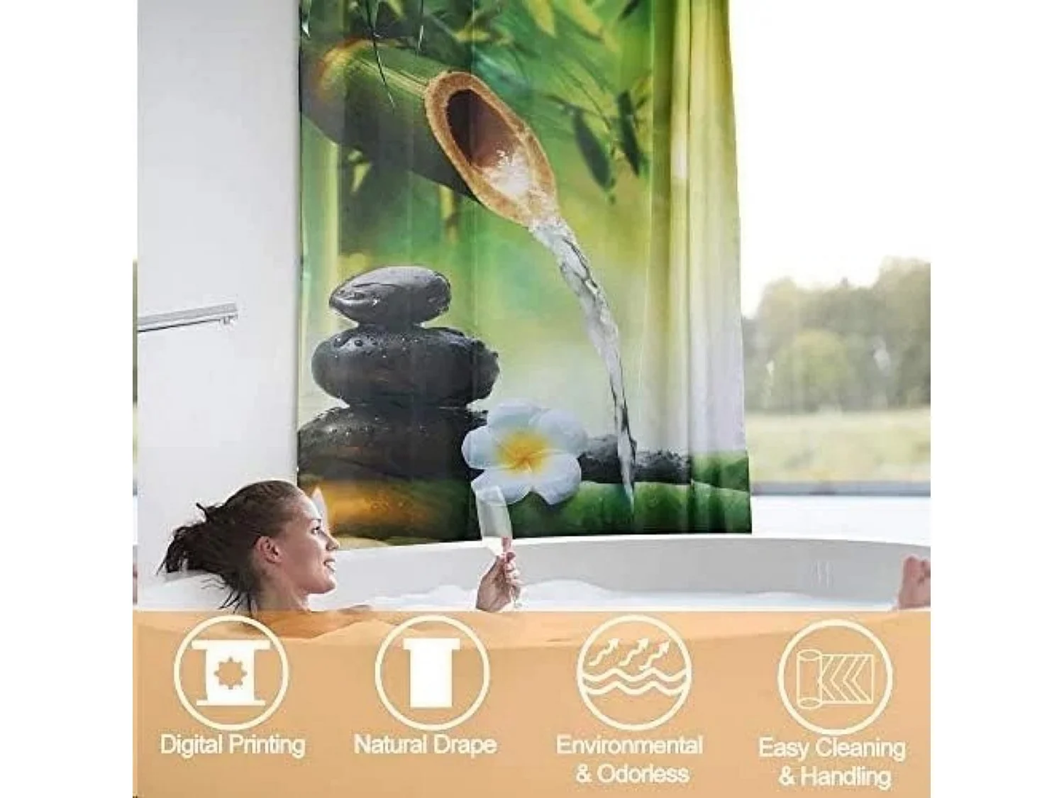 Rideau De Douche Imperméable Anti Moisissure en Tissu Polyester  avec 12 Crochets pour Salle de Bains 180x180cm (Bambou Vert)