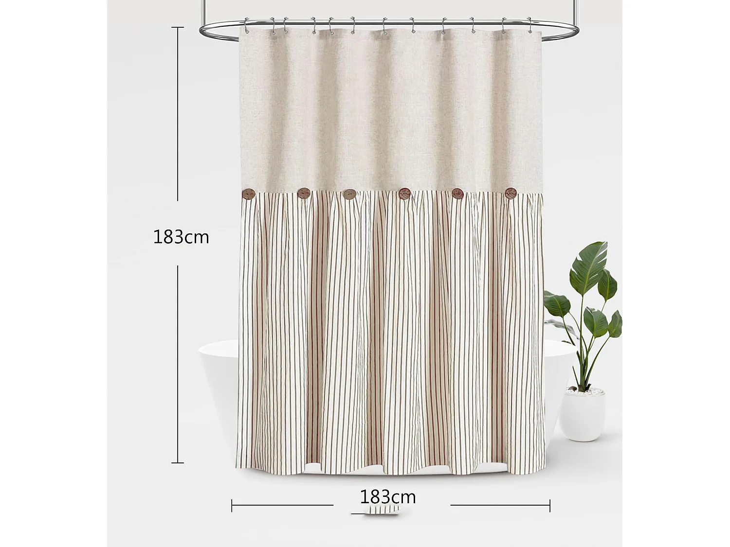 Rideau de douche à boutons style campagnard, tissu coton, lin et polyester, rideau de style ferme avec œillets, 183 cm x 183 cm (marron)