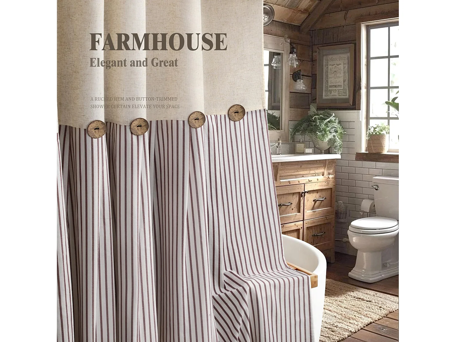 Rideau de douche à boutons style campagnard, tissu coton, lin et polyester, rideau de style ferme avec œillets, 183 cm x 183 cm (marron)