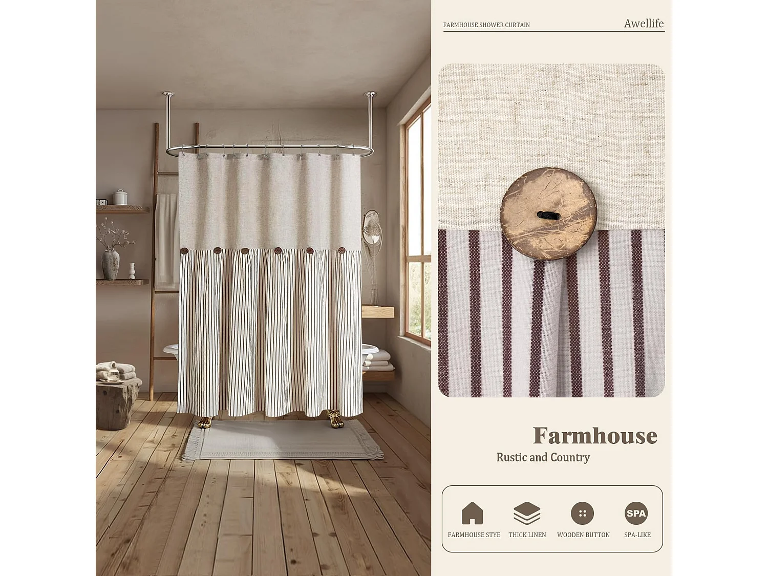 Rideau de douche à boutons style campagnard, tissu coton, lin et polyester, rideau de style ferme avec œillets, 183 cm x 183 cm (marron)