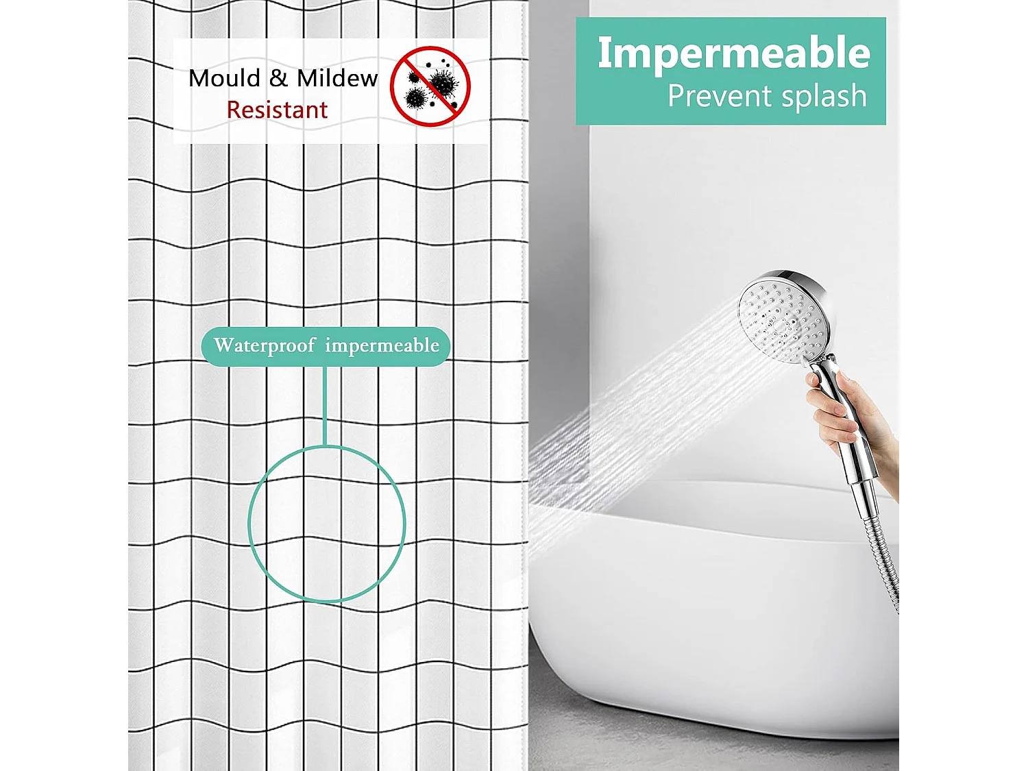 Rideau de douche lavable et à séchage rapide - Rideau de salle de bain en PEVA imperméable avec 12 crochets 180 x 200 cm