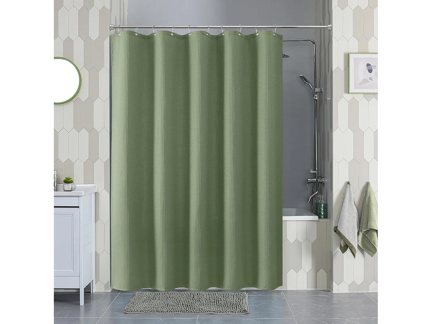 Rideau de douche gaufré avec anneaux métalliques, tissu polyester imperméable et résistant à la moisissure – 182 x 182 cm (vert)