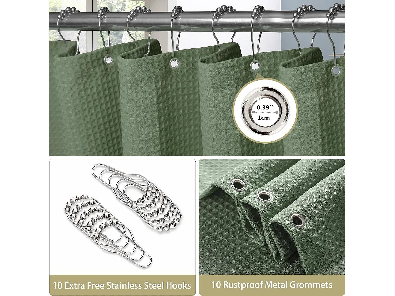 Rideau de douche gaufré avec anneaux métalliques, tissu polyester imperméable et résistant à la moisissure – 182 x 182 cm (vert)