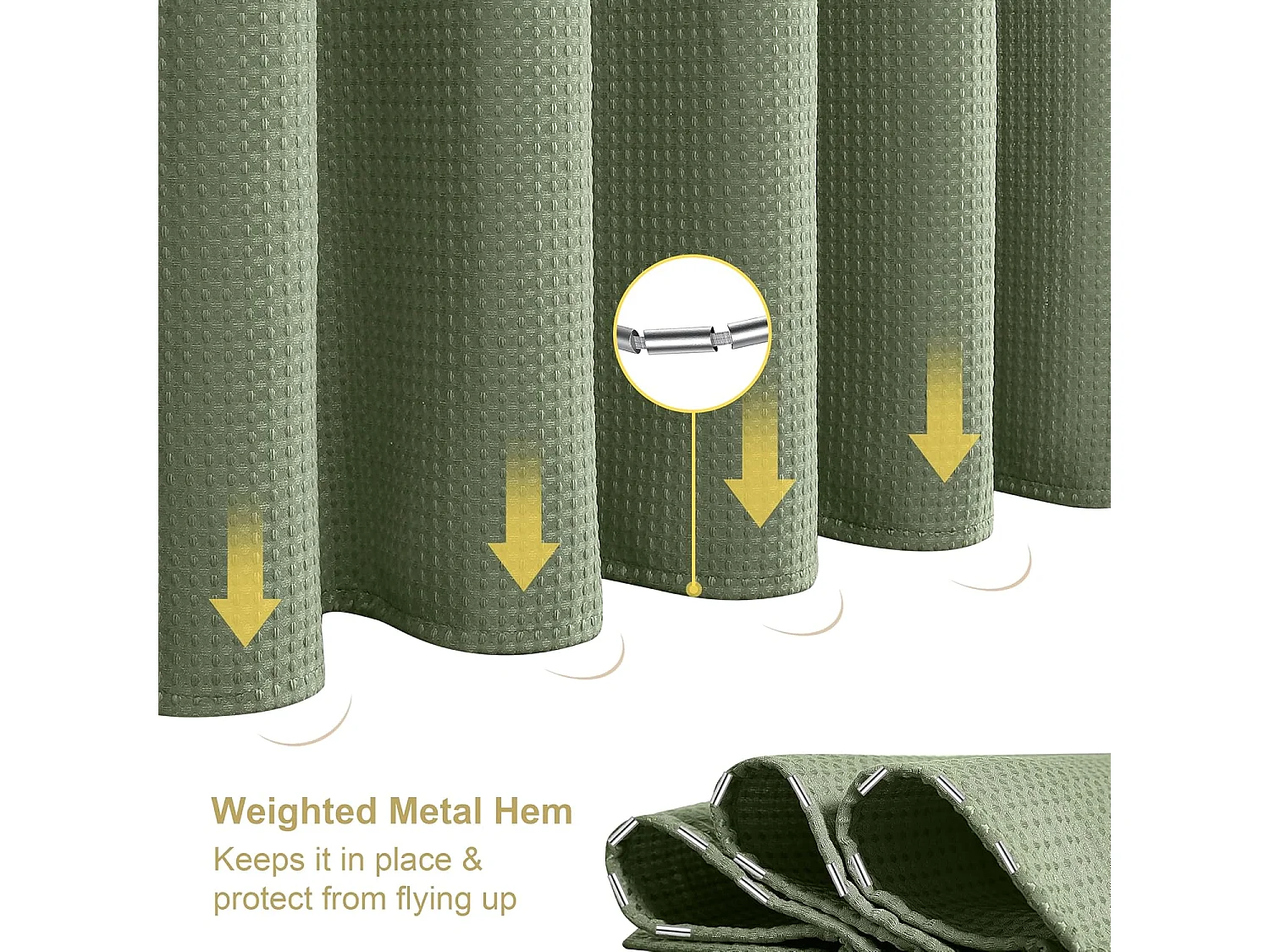 Rideau de douche gaufré avec anneaux métalliques, tissu polyester imperméable et résistant à la moisissure – 182 x 182 cm (vert)