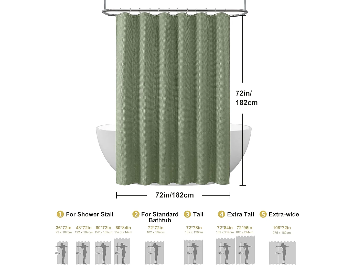 Rideau de douche gaufré avec anneaux métalliques, tissu polyester imperméable et résistant à la moisissure – 182 x 182 cm (vert)