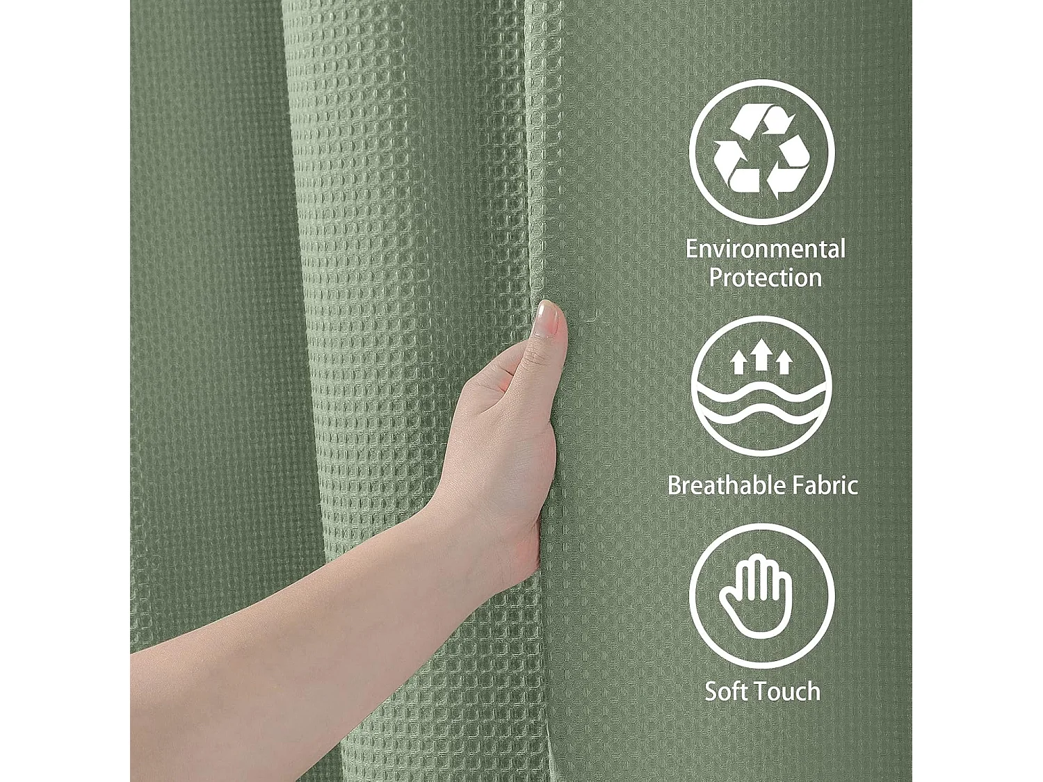 Rideau de douche gaufré avec anneaux métalliques, tissu polyester imperméable et résistant à la moisissure – 182 x 182 cm (vert)