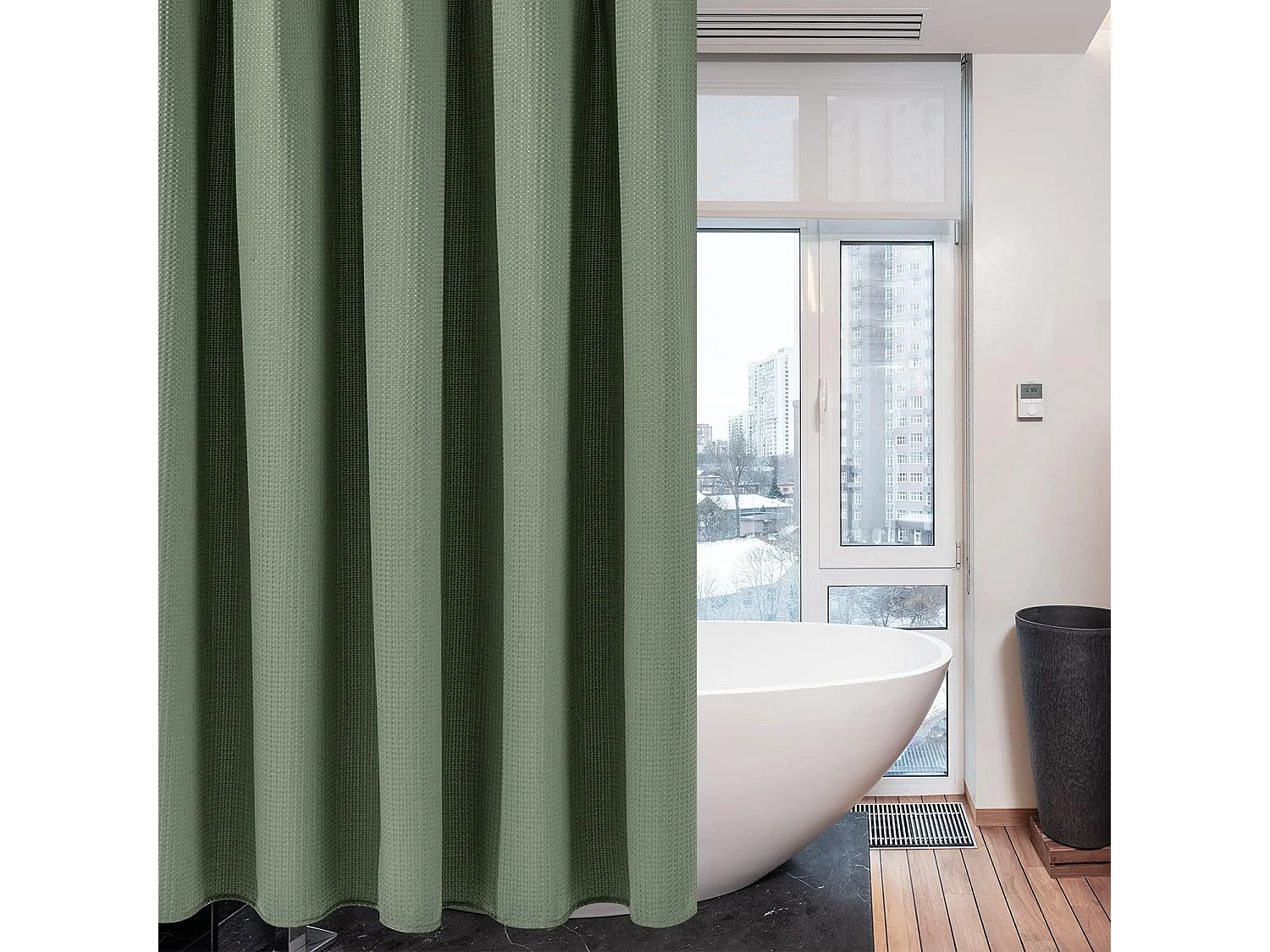 Rideau de douche gaufré avec anneaux métalliques, tissu polyester imperméable et résistant à la moisissure – 182 x 182 cm (vert)