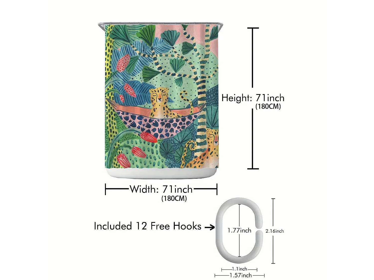 Rideau de douche décoratif pour salle de bain, motif jungle, décoration de baignoire – 180 x 180 cm avec 12 crochets