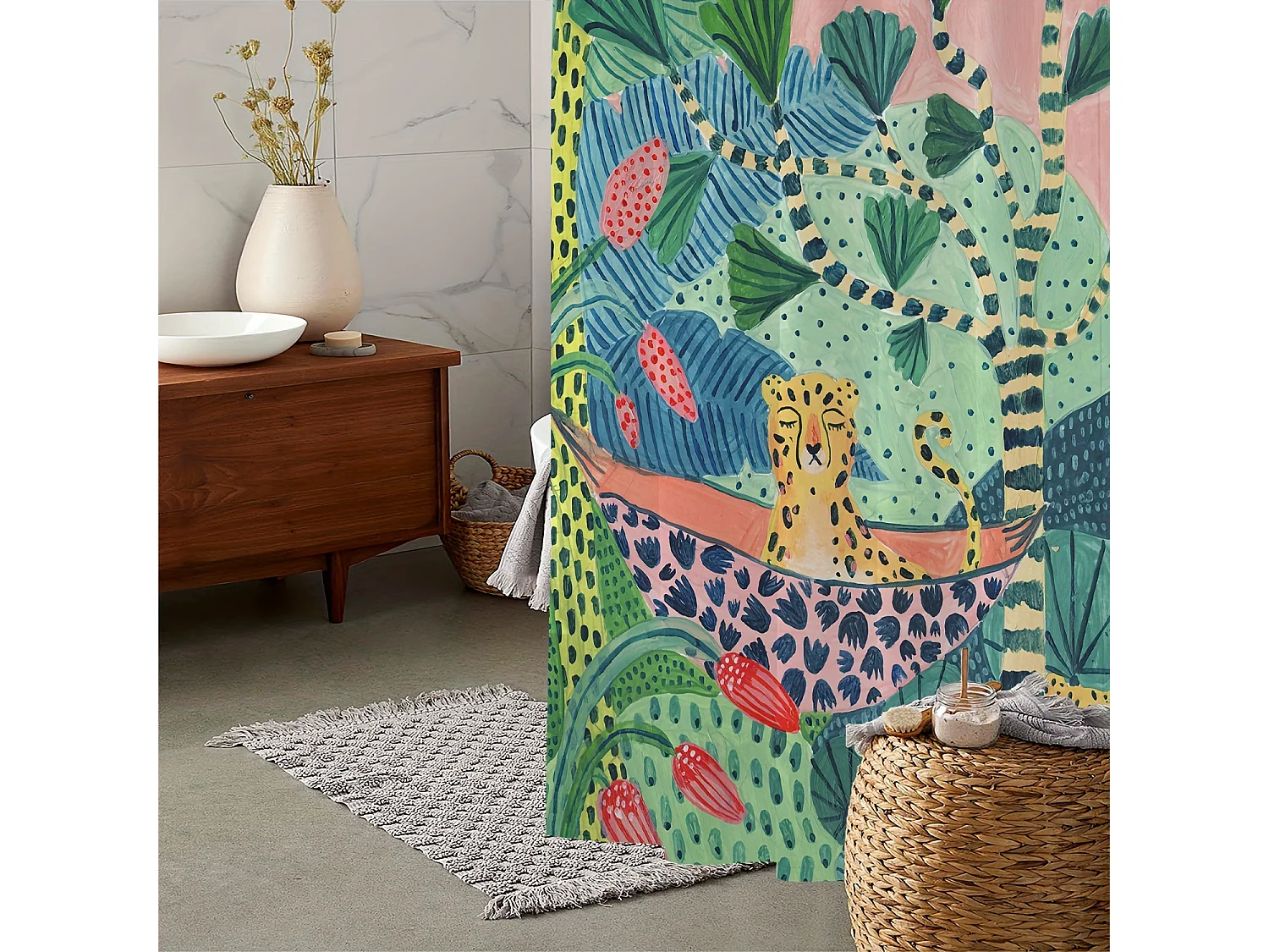 Rideau de douche décoratif pour salle de bain, motif jungle, décoration de baignoire – 180 x 180 cm avec 12 crochets