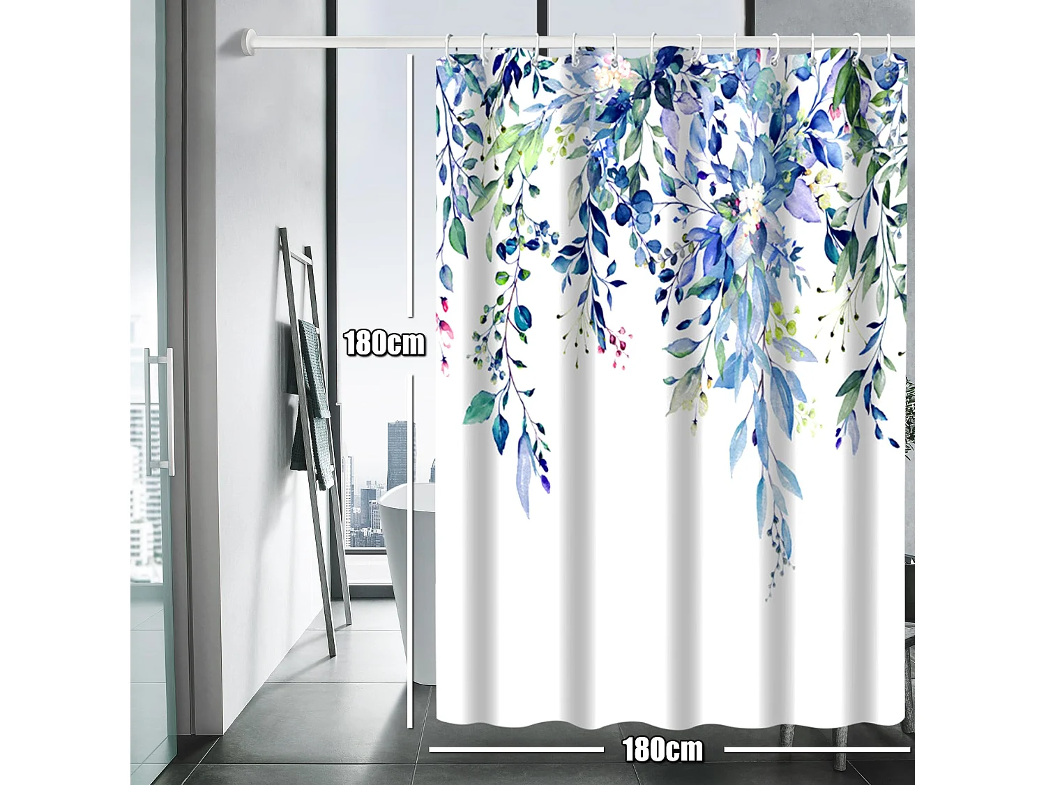 Rideau de Douche Fleurs Rideaux de Douche Anti-moisissure Textile Rideaux de Douche，Etanches 180cm x 180cm avec 12 Crochets Ourlet Pondéré